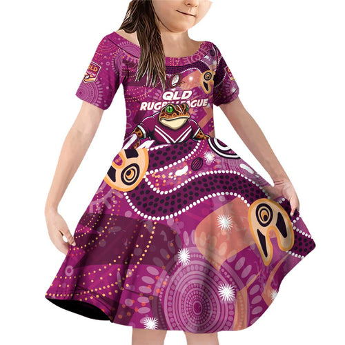 Personalized QLD Rugby League Family Matching Off Shoulder Short Dress and Hawaiian Shirt Maroons Aboriginal Art