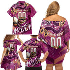 Personalized QLD Rugby League Family Matching Off Shoulder Short Dress and Hawaiian Shirt Maroons Aboriginal Art