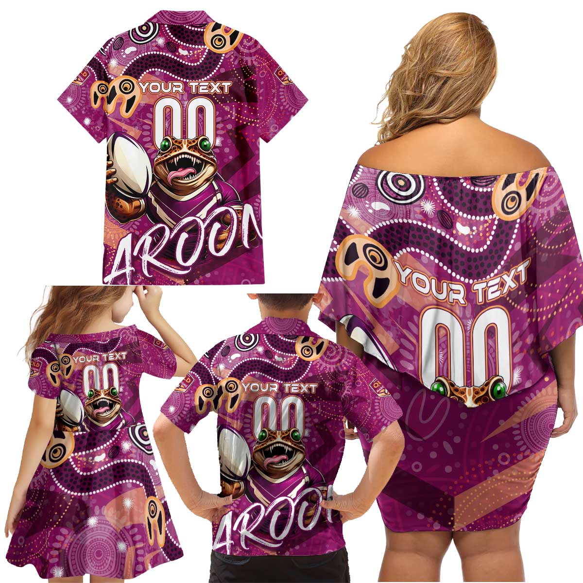 Personalized QLD Rugby League Family Matching Off Shoulder Short Dress and Hawaiian Shirt Maroons Aboriginal Art