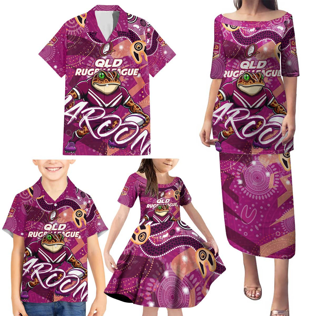 Personalized QLD Rugby League Family Matching Puletasi and Hawaiian Shirt Maroons Aboriginal Art