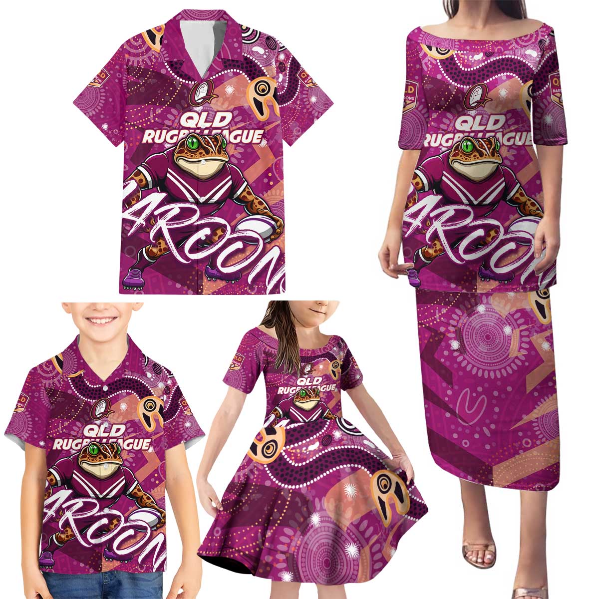 Personalized QLD Rugby League Family Matching Puletasi and Hawaiian Shirt Maroons Aboriginal Art