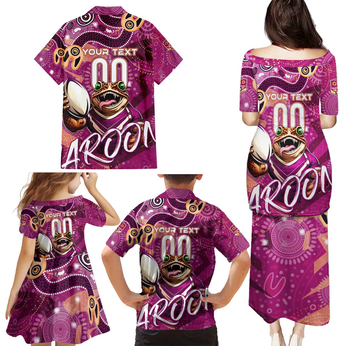 Personalized QLD Rugby League Family Matching Puletasi and Hawaiian Shirt Maroons Aboriginal Art