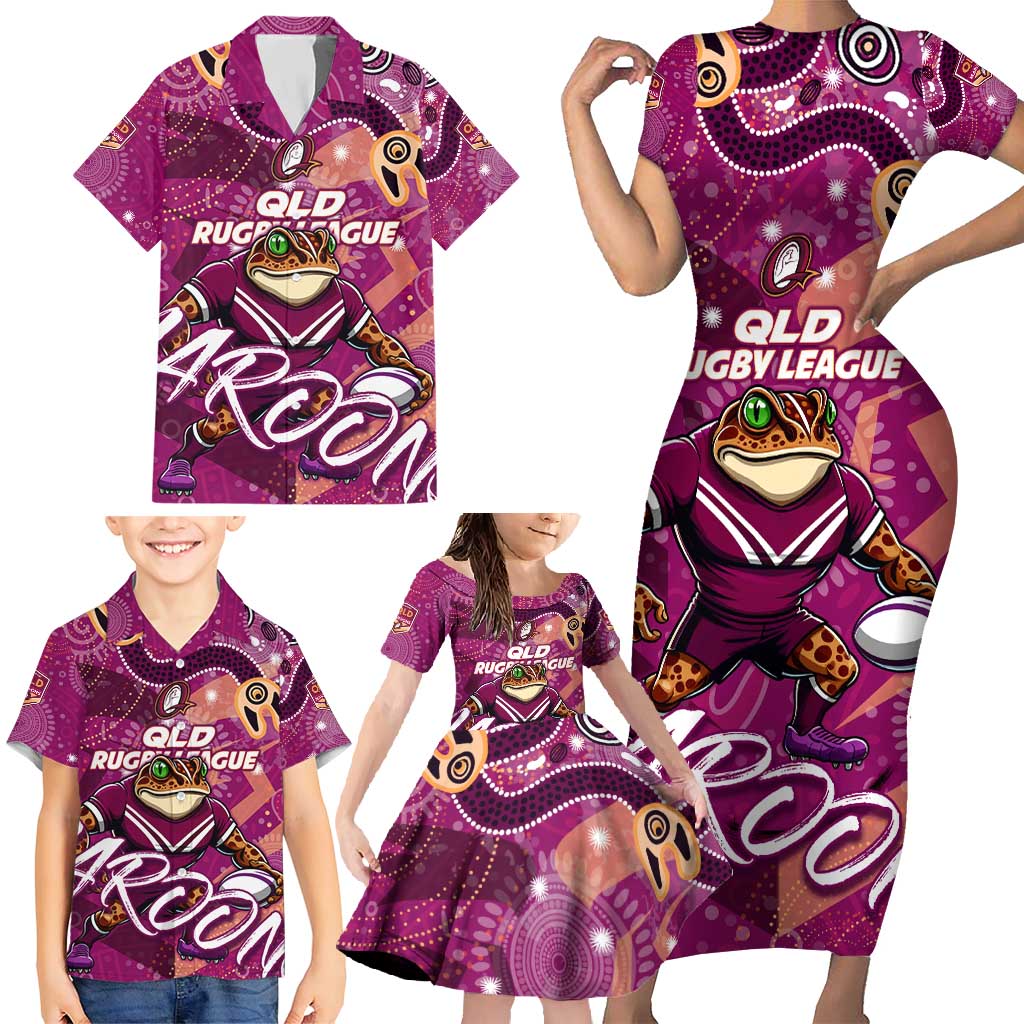 Personalized QLD Rugby League Family Matching Short Sleeve Bodycon Dress and Hawaiian Shirt Maroons Aboriginal Art
