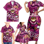 Personalized QLD Rugby League Family Matching Short Sleeve Bodycon Dress and Hawaiian Shirt Maroons Aboriginal Art