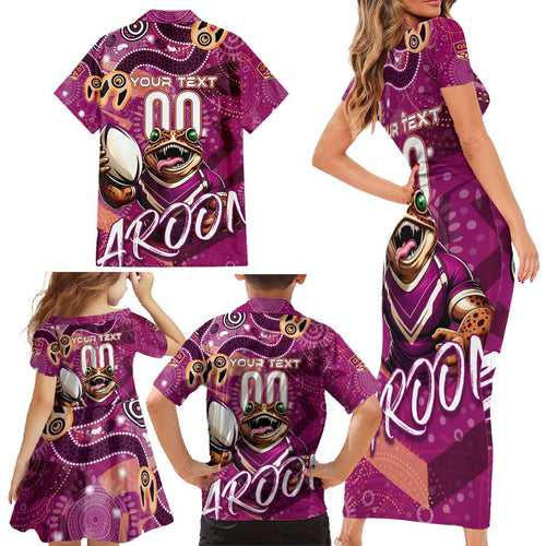 Personalized QLD Rugby League Family Matching Short Sleeve Bodycon Dress and Hawaiian Shirt Maroons Aboriginal Art