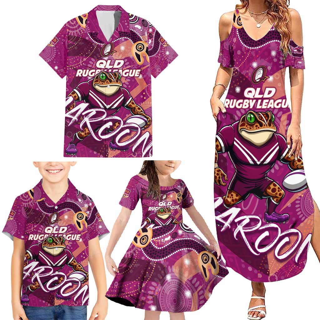 Personalized QLD Rugby League Family Matching Summer Maxi Dress and Hawaiian Shirt Maroons Aboriginal Art