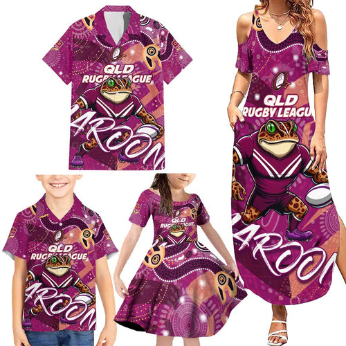 Personalized QLD Rugby League Family Matching Summer Maxi Dress and Hawaiian Shirt Maroons Aboriginal Art