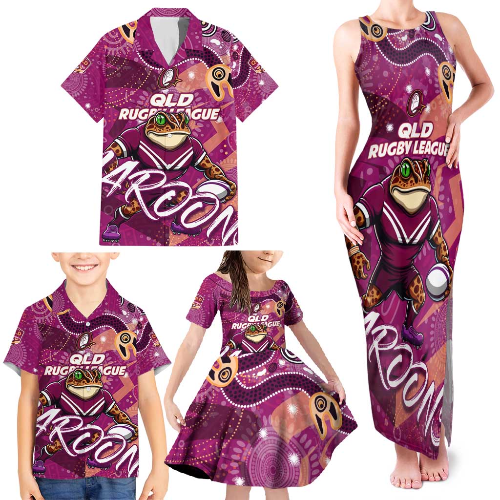 Personalized QLD Rugby League Family Matching Tank Maxi Dress and Hawaiian Shirt Maroons Aboriginal Art