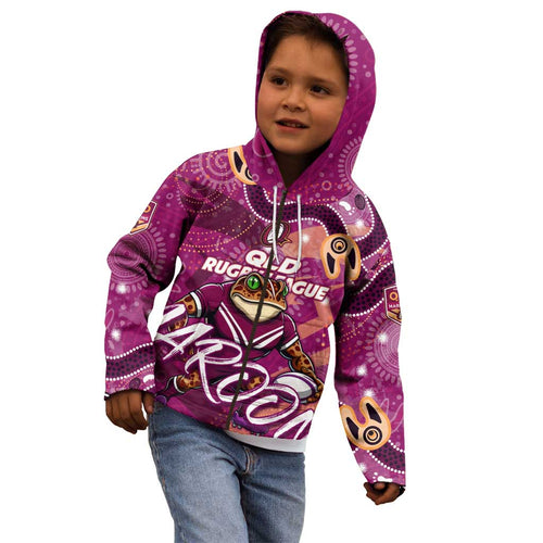 Personalized QLD Rugby League Kid Hoodie Maroons Aboriginal Art