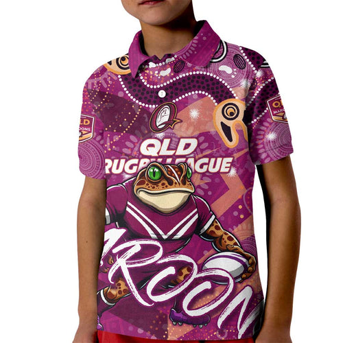 Personalized QLD Rugby League Kid Polo Shirt Maroons Aboriginal Art