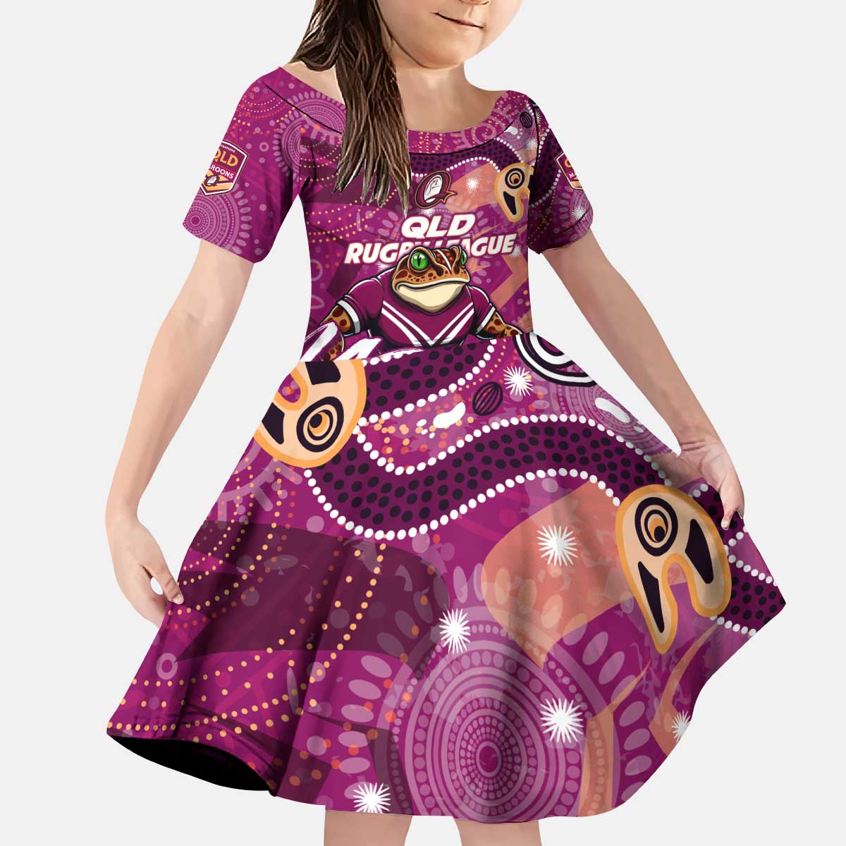 Personalized QLD Rugby League Kid Short Sleeve Dress Maroons Aboriginal Art