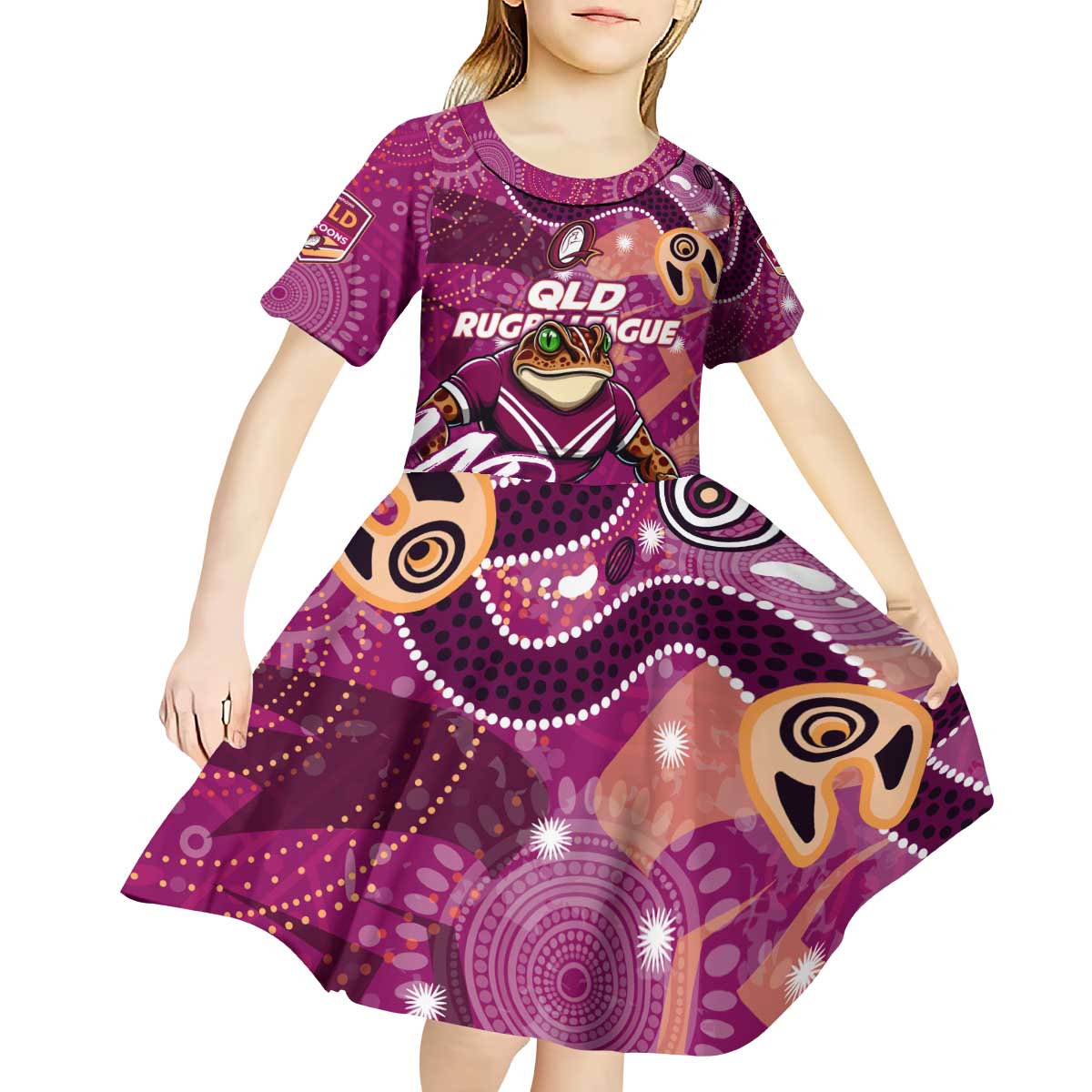 Personalized QLD Rugby League Kid Short Sleeve Dress Maroons Aboriginal Art