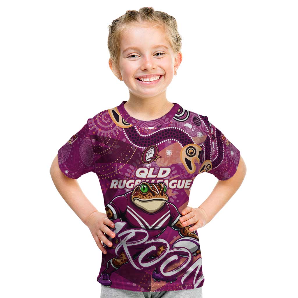 Personalized QLD Rugby League Kid T Shirt Maroons Aboriginal Art