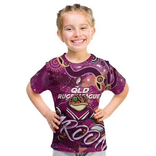 Personalized QLD Rugby League Kid T Shirt Maroons Aboriginal Art