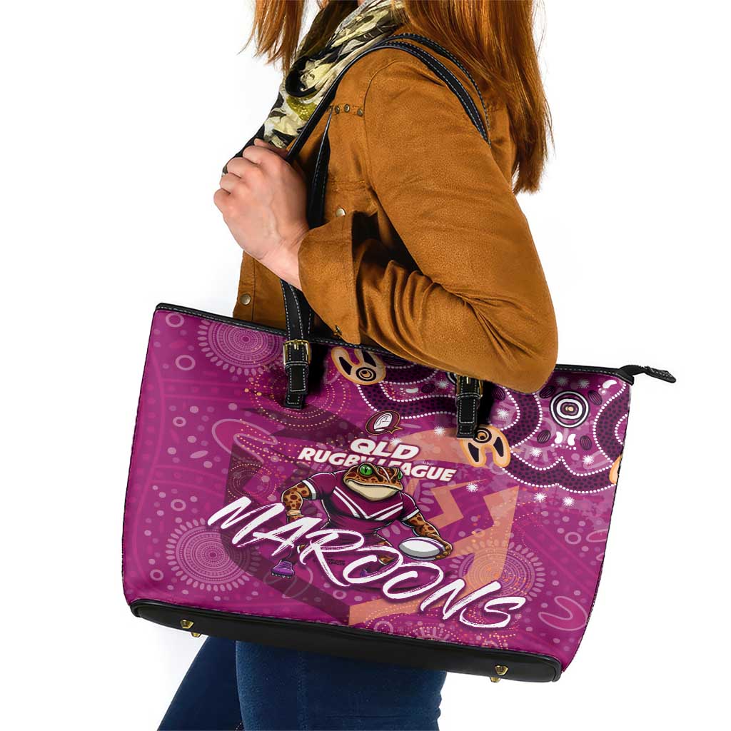 Personalized QLD Rugby League Leather Tote Bag Maroons Aboriginal Art