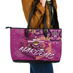 Personalized QLD Rugby League Leather Tote Bag Maroons Aboriginal Art