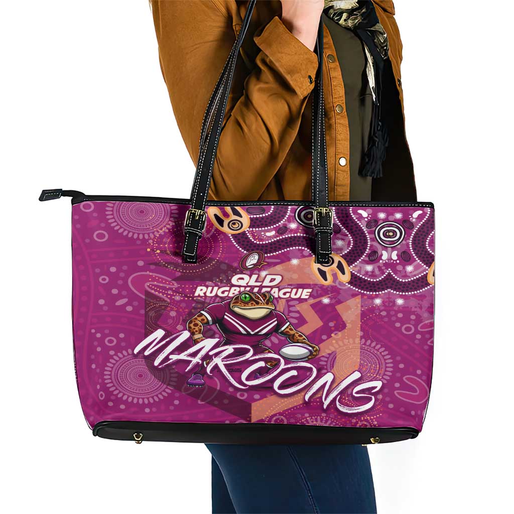Personalized QLD Rugby League Leather Tote Bag Maroons Aboriginal Art