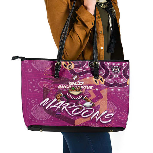 Personalized QLD Rugby League Leather Tote Bag Maroons Aboriginal Art