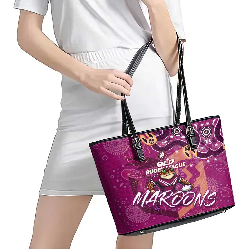 Personalized QLD Rugby League Leather Tote Bag Maroons Aboriginal Art