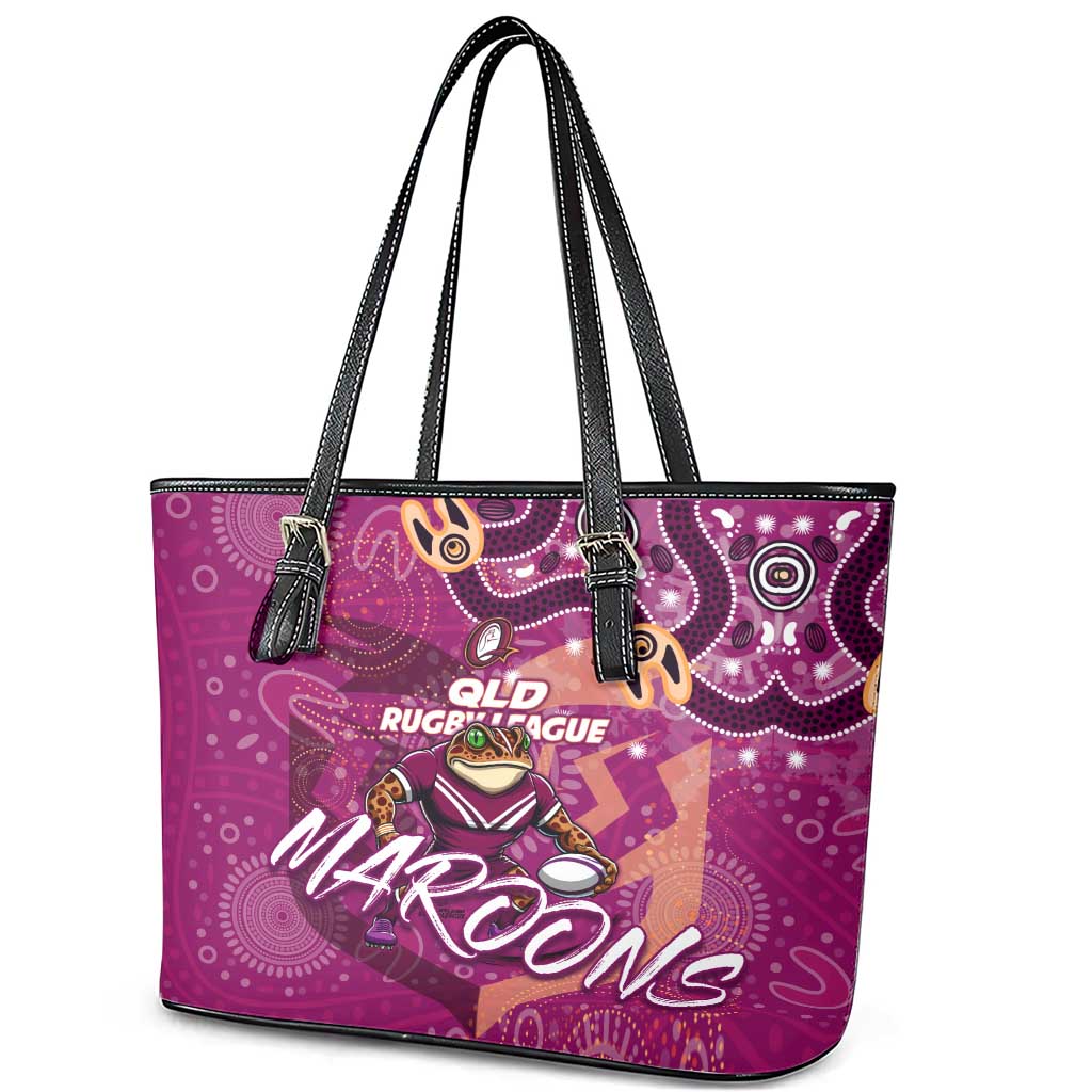 Personalized QLD Rugby League Leather Tote Bag Maroons Aboriginal Art