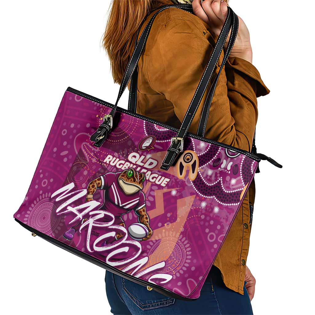 Personalized QLD Rugby League Leather Tote Bag Maroons Aboriginal Art