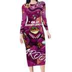 Personalized QLD Rugby League Long Sleeve Bodycon Dress Maroons Aboriginal Art