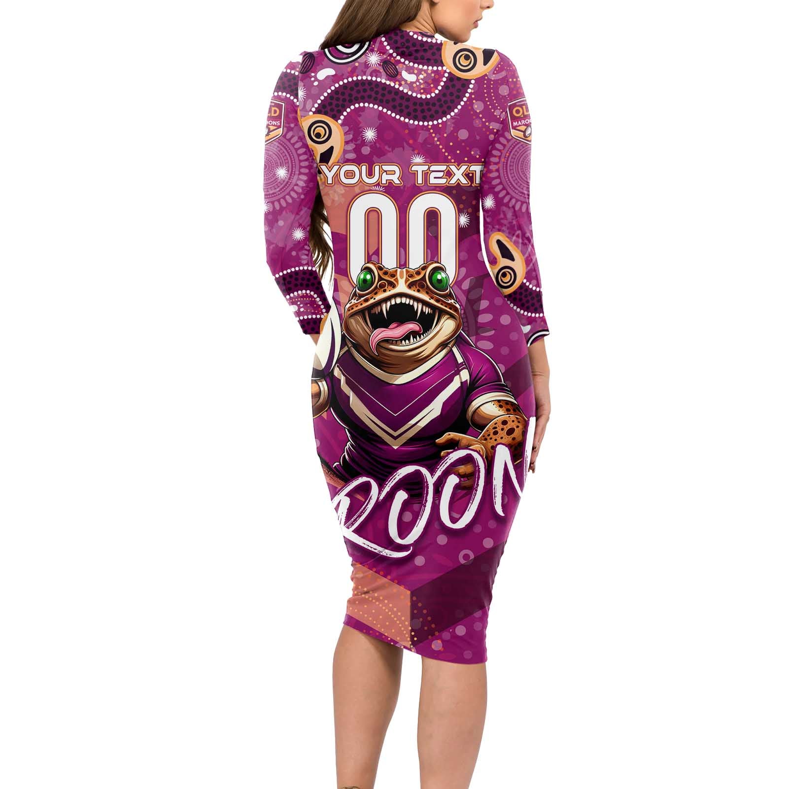 Personalized QLD Rugby League Long Sleeve Bodycon Dress Maroons Aboriginal Art