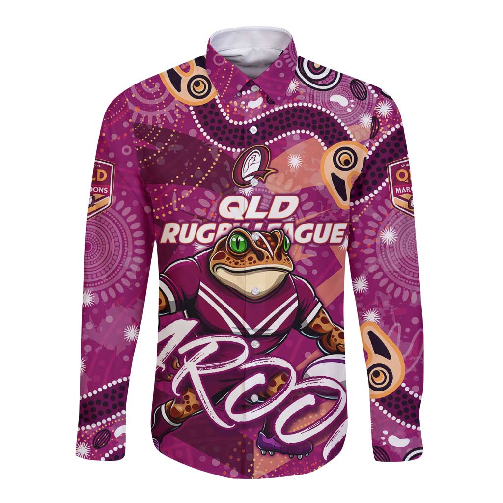 Personalized QLD Rugby League Long Sleeve Button Shirt Maroons Aboriginal Art