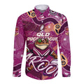 Personalized QLD Rugby League Long Sleeve Button Shirt Maroons Aboriginal Art
