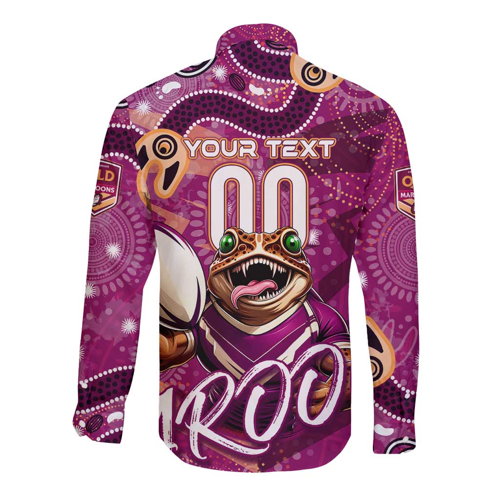 Personalized QLD Rugby League Long Sleeve Button Shirt Maroons Aboriginal Art