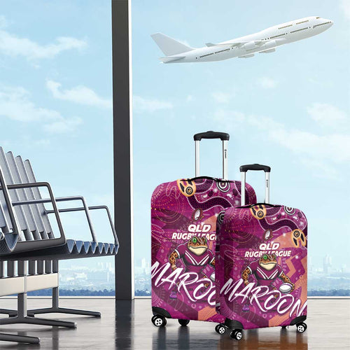 Personalized QLD Rugby League Luggage Cover Maroons Aboriginal Art