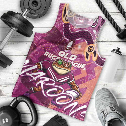 Personalized QLD Rugby League Men Tank Top Maroons Aboriginal Art