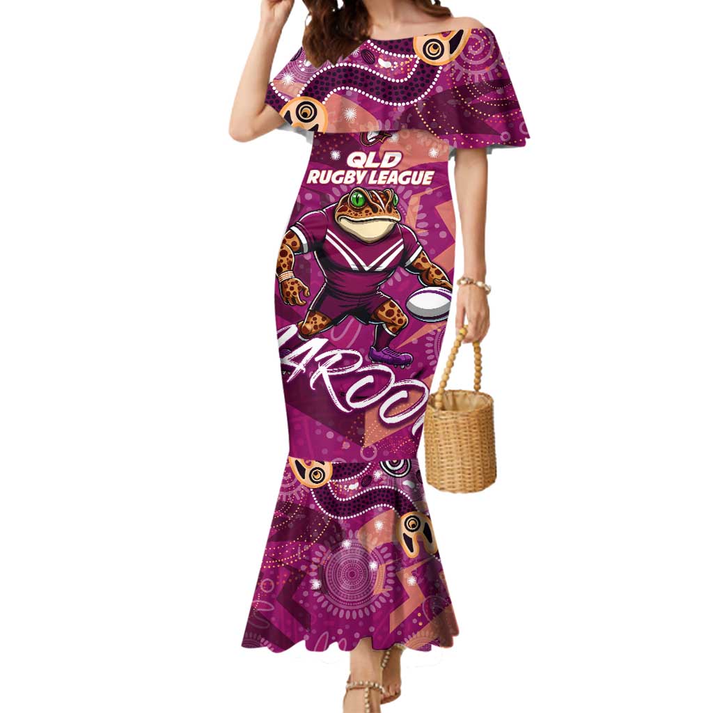 Personalized QLD Rugby League Mermaid Dress Maroons Aboriginal Art