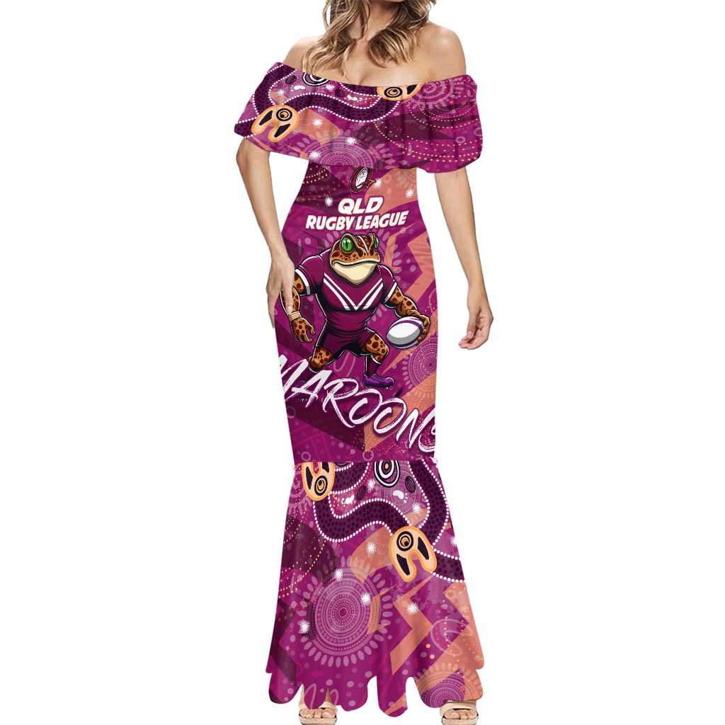 Personalized QLD Rugby League Mermaid Dress Maroons Aboriginal Art