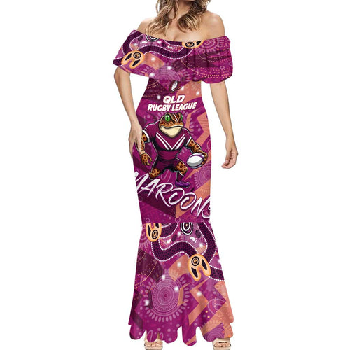 Personalized QLD Rugby League Mermaid Dress Maroons Aboriginal Art