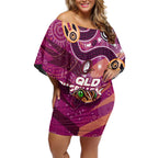 Personalized QLD Rugby League Off Shoulder Short Dress Maroons Aboriginal Art