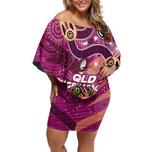 Personalized QLD Rugby League Off Shoulder Short Dress Maroons Aboriginal Art