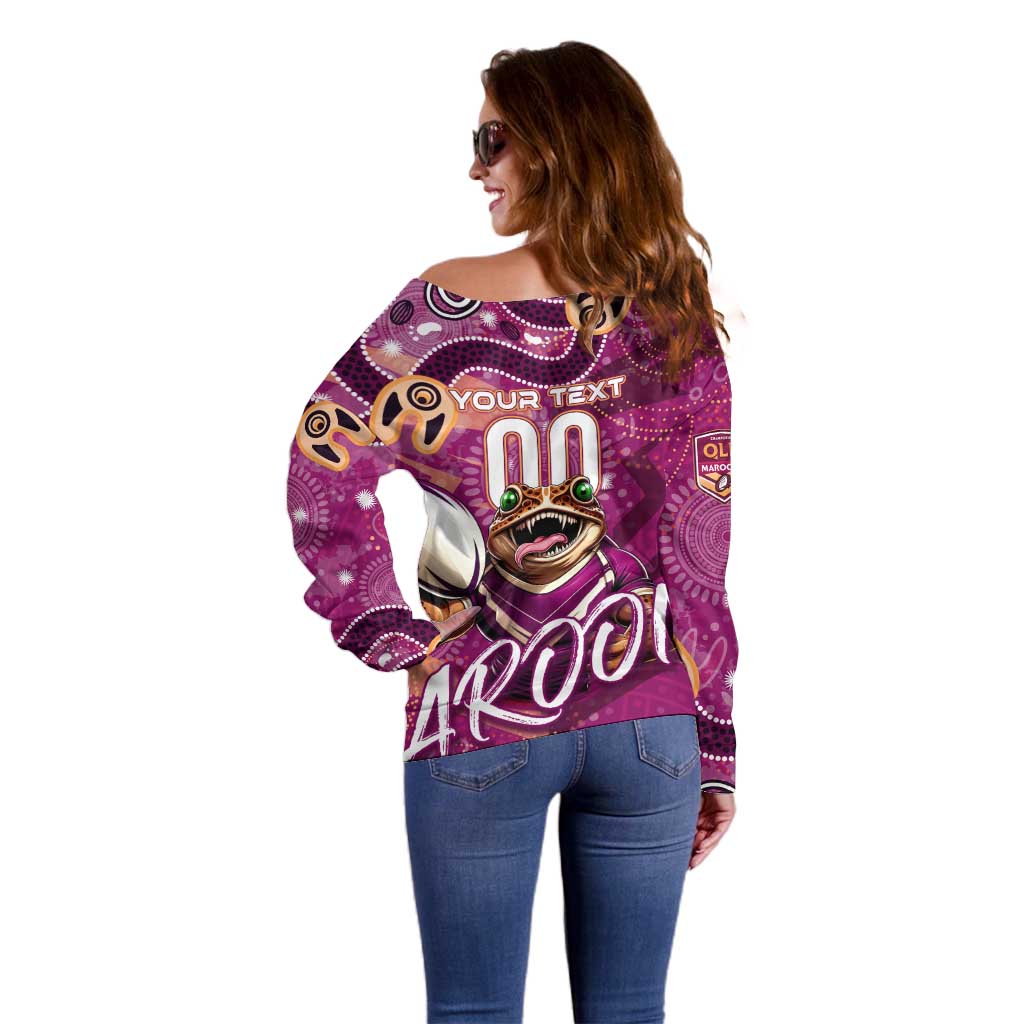 Personalized QLD Rugby League Off Shoulder Sweater Maroons Aboriginal Art