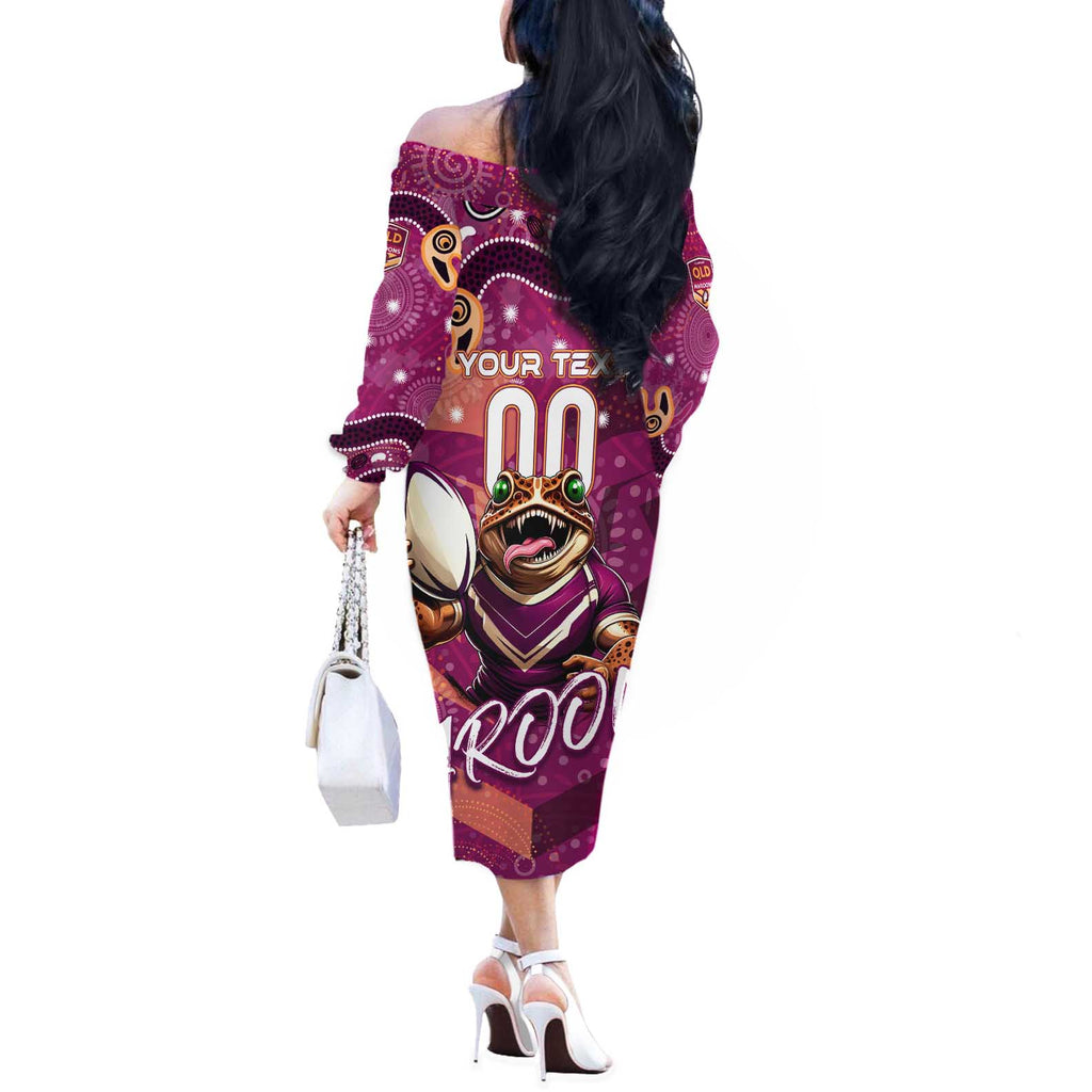 Personalized QLD Rugby League Off The Shoulder Long Sleeve Dress Maroons Aboriginal Art