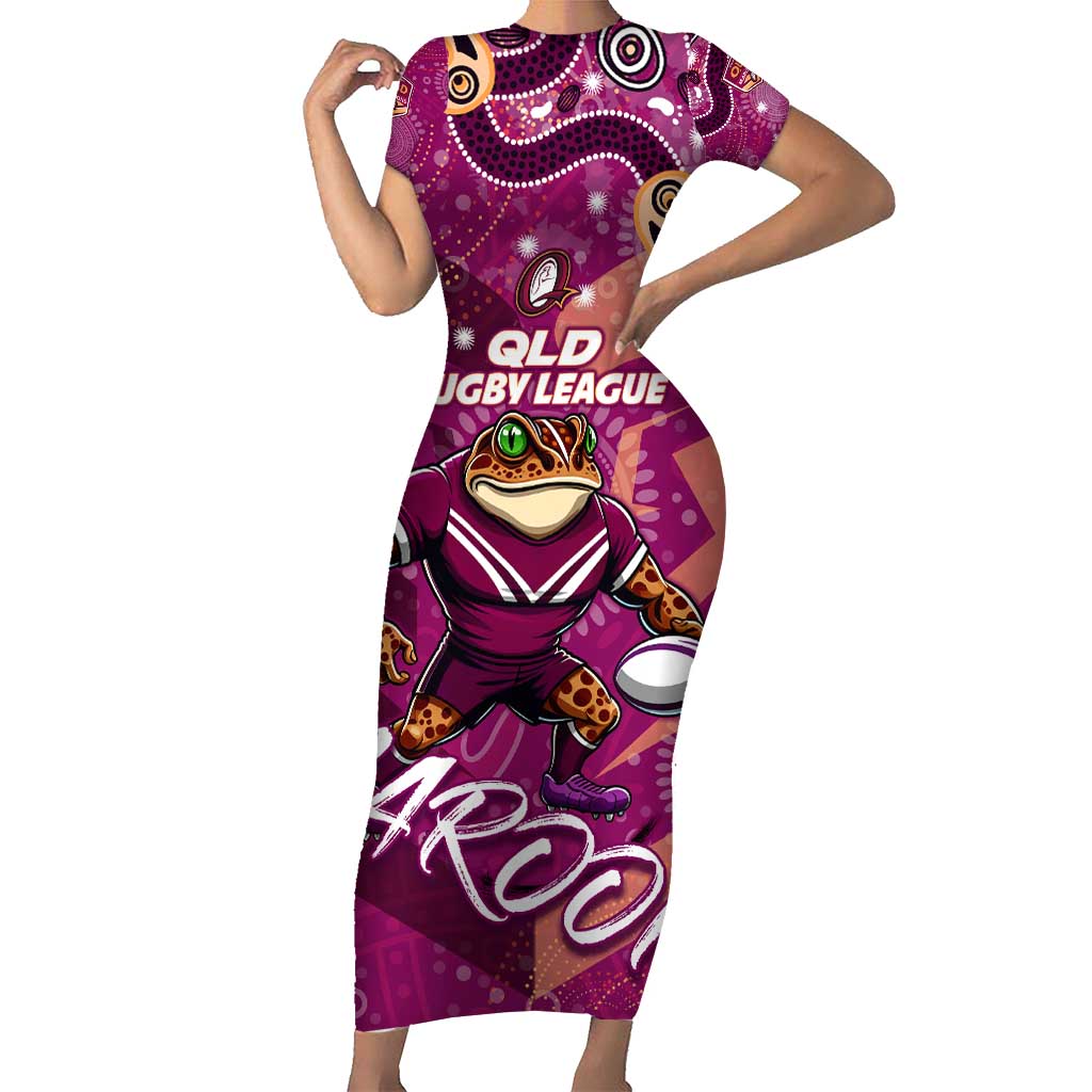 Personalized QLD Rugby League Short Sleeve Bodycon Dress Maroons Aboriginal Art