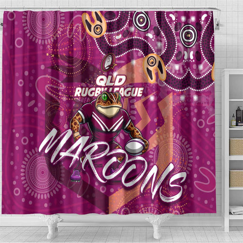 Personalized QLD Rugby League Shower Curtain Maroons Aboriginal Art