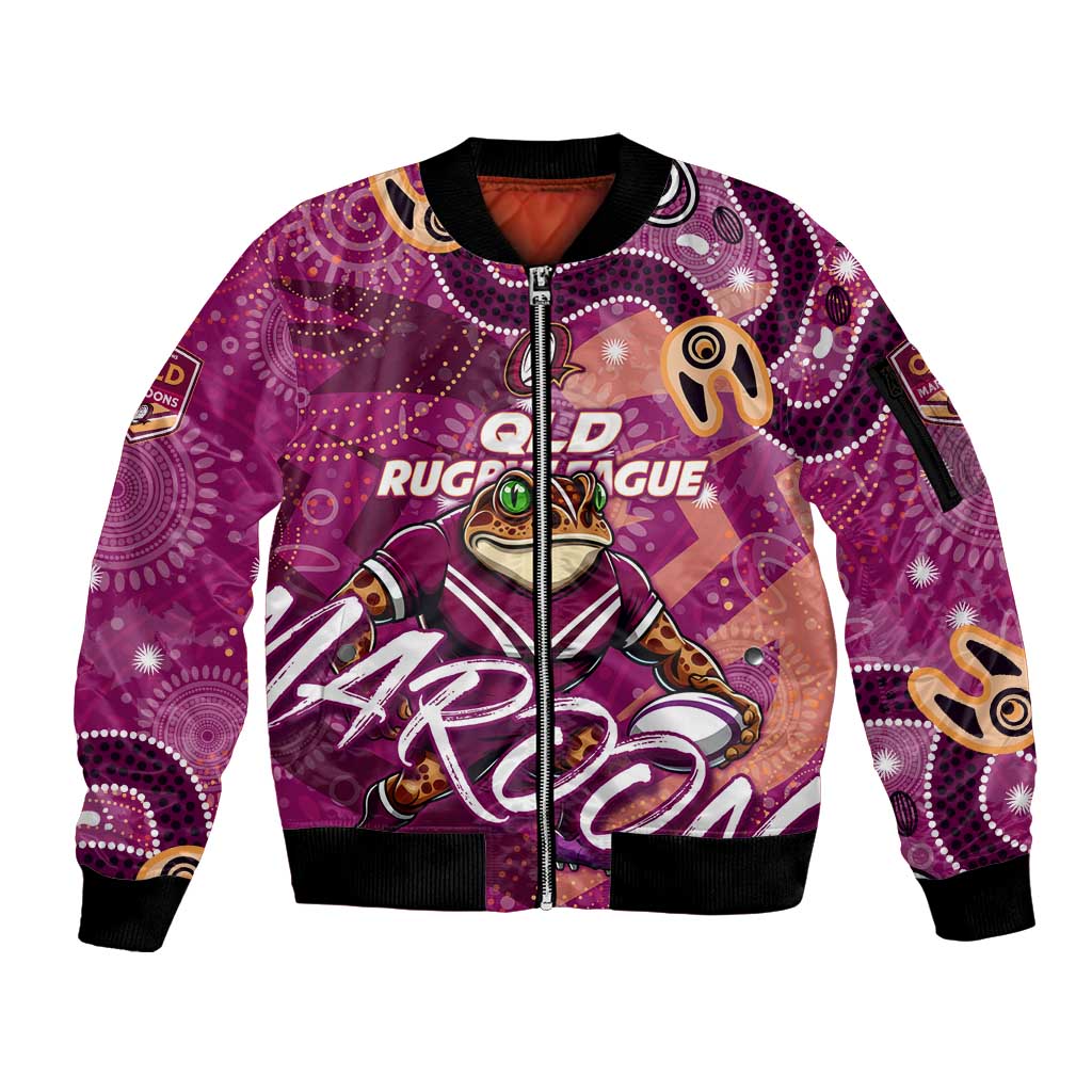 Personalized QLD Rugby League Sleeve Zip Bomber Jacket Maroons Aboriginal Art