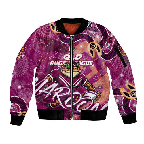 Personalized QLD Rugby League Sleeve Zip Bomber Jacket Maroons Aboriginal Art