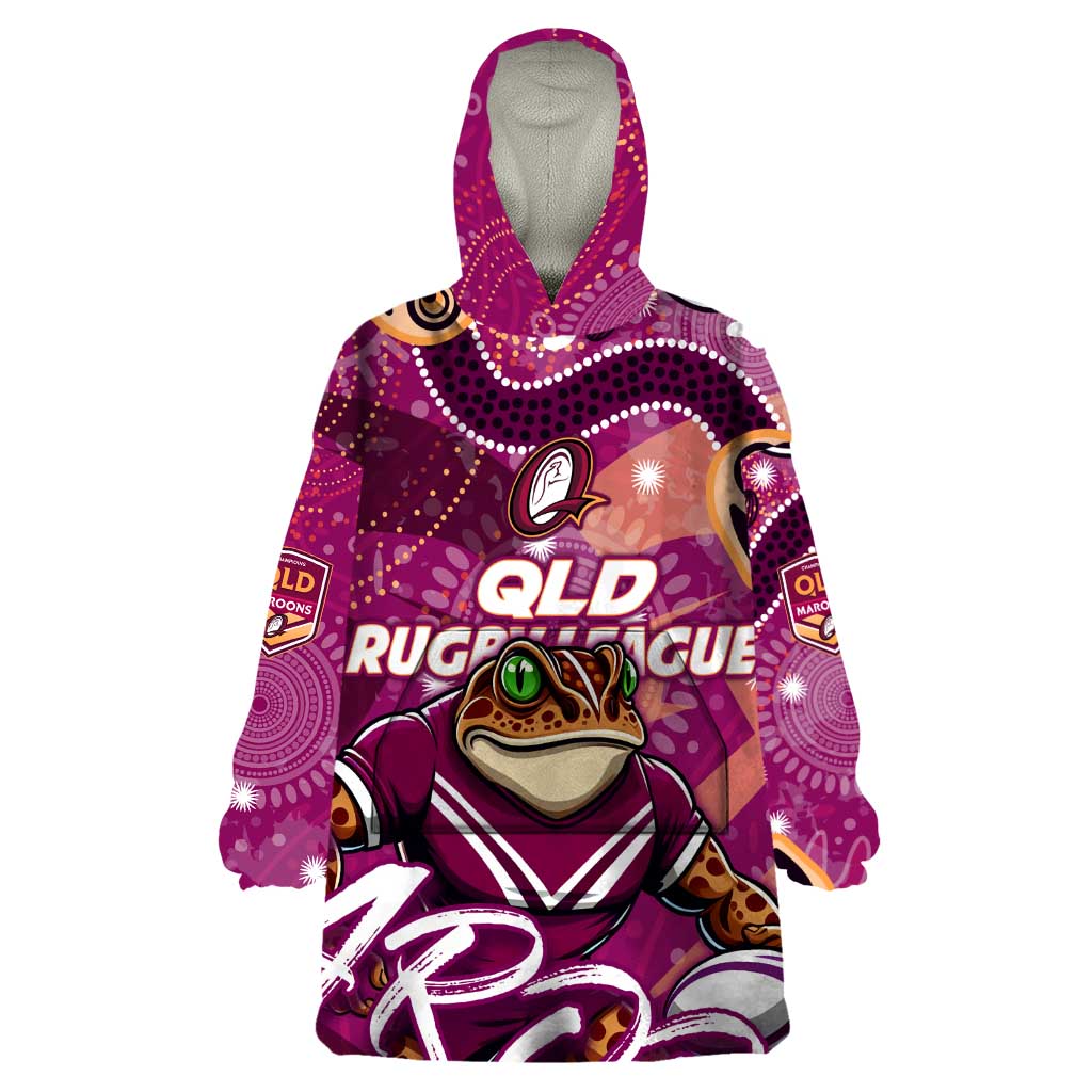 Personalized QLD Rugby League Wearable Blanket Hoodie Maroons Aboriginal Art