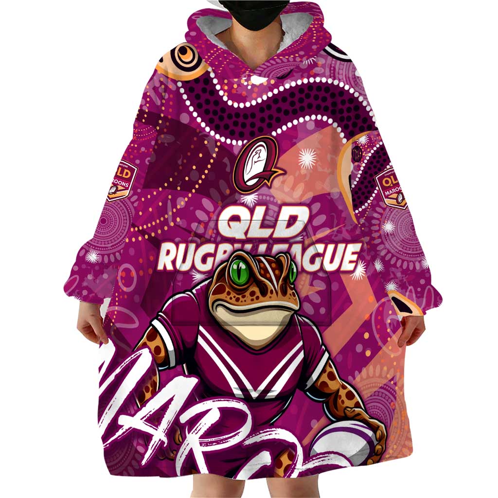 Personalized QLD Rugby League Wearable Blanket Hoodie Maroons Aboriginal Art