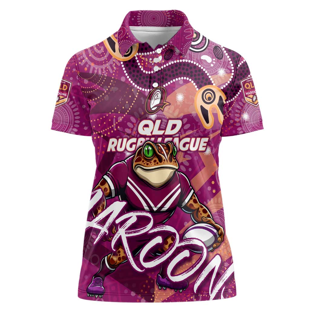 Personalized QLD Rugby League Women Polo Shirt Maroons Aboriginal Art