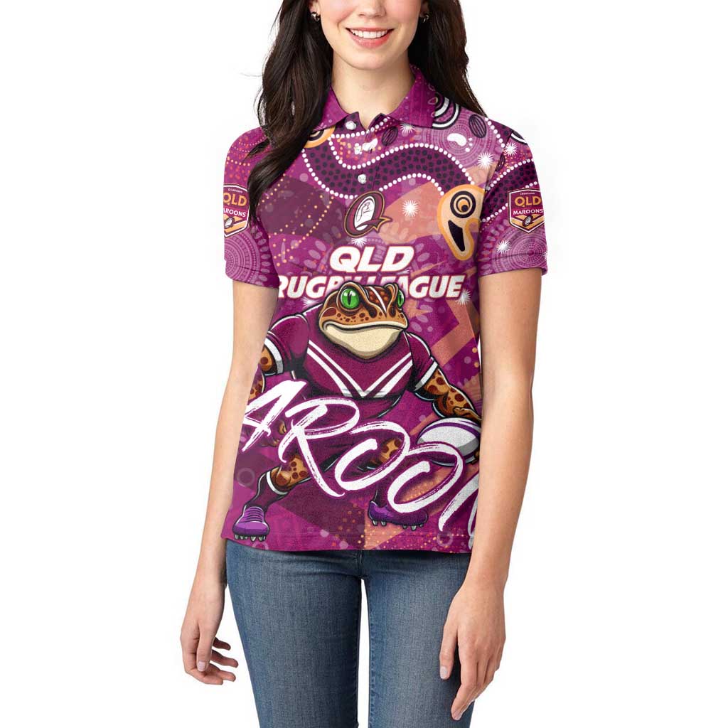 Personalized QLD Rugby League Women Polo Shirt Maroons Aboriginal Art