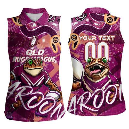 Personalized QLD Rugby League Women Sleeveless Polo Shirt Maroons Aboriginal Art