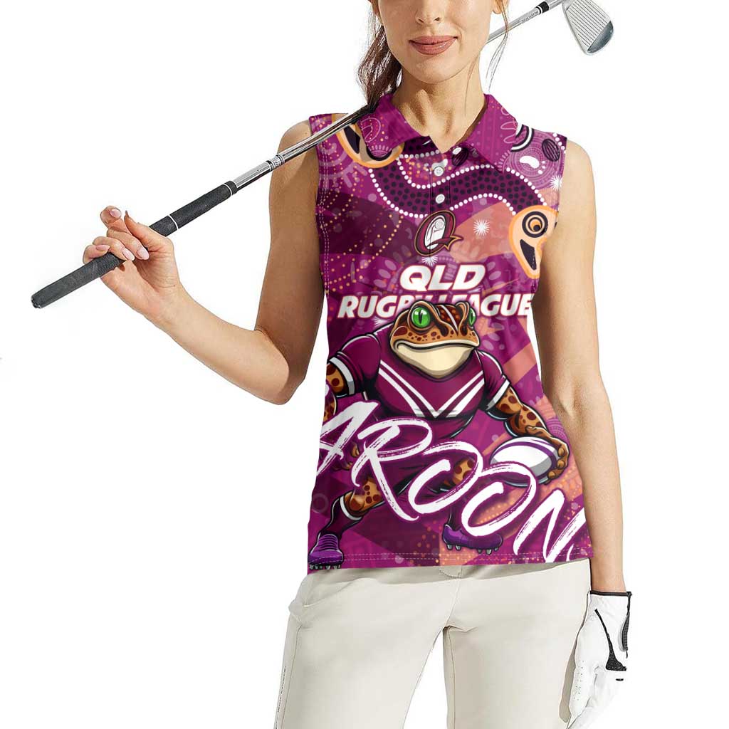 Personalized QLD Rugby League Women Sleeveless Polo Shirt Maroons Aboriginal Art