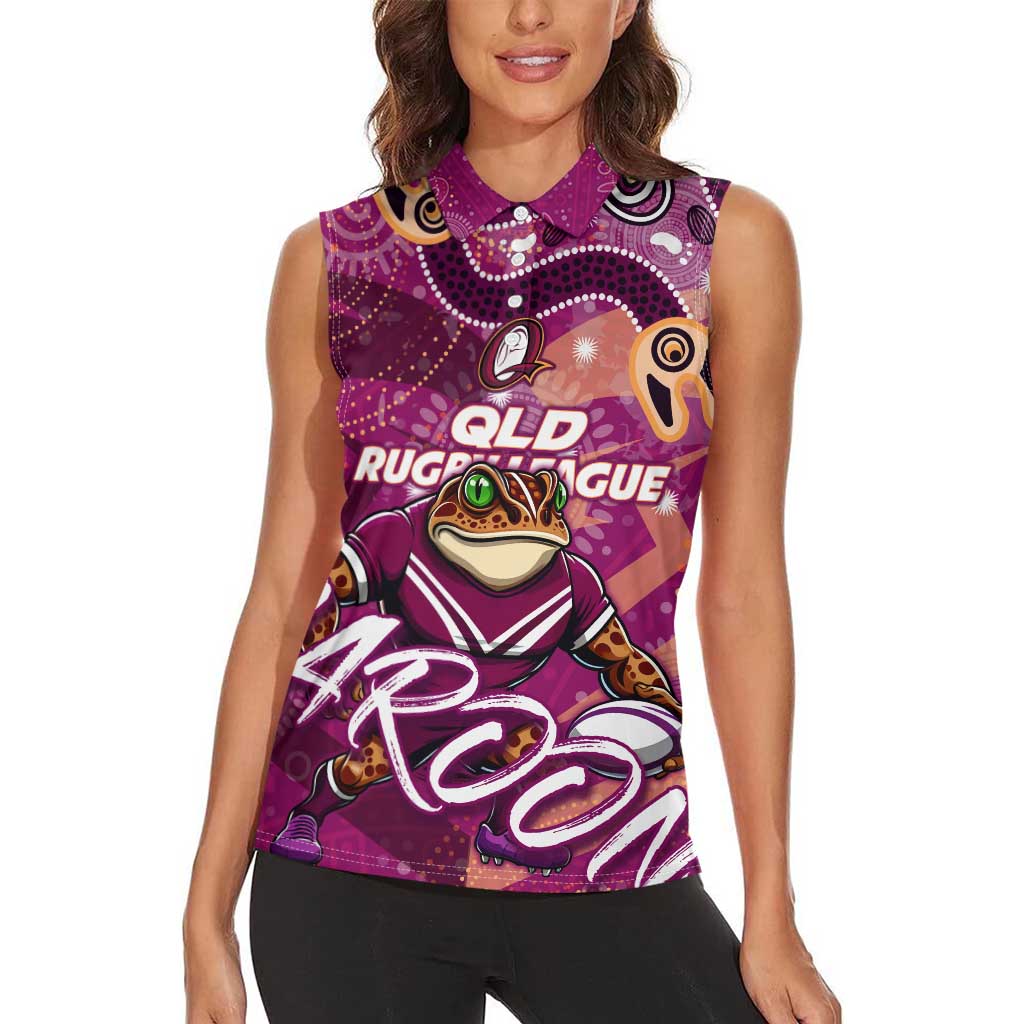 Personalized QLD Rugby League Women Sleeveless Polo Shirt Maroons Aboriginal Art